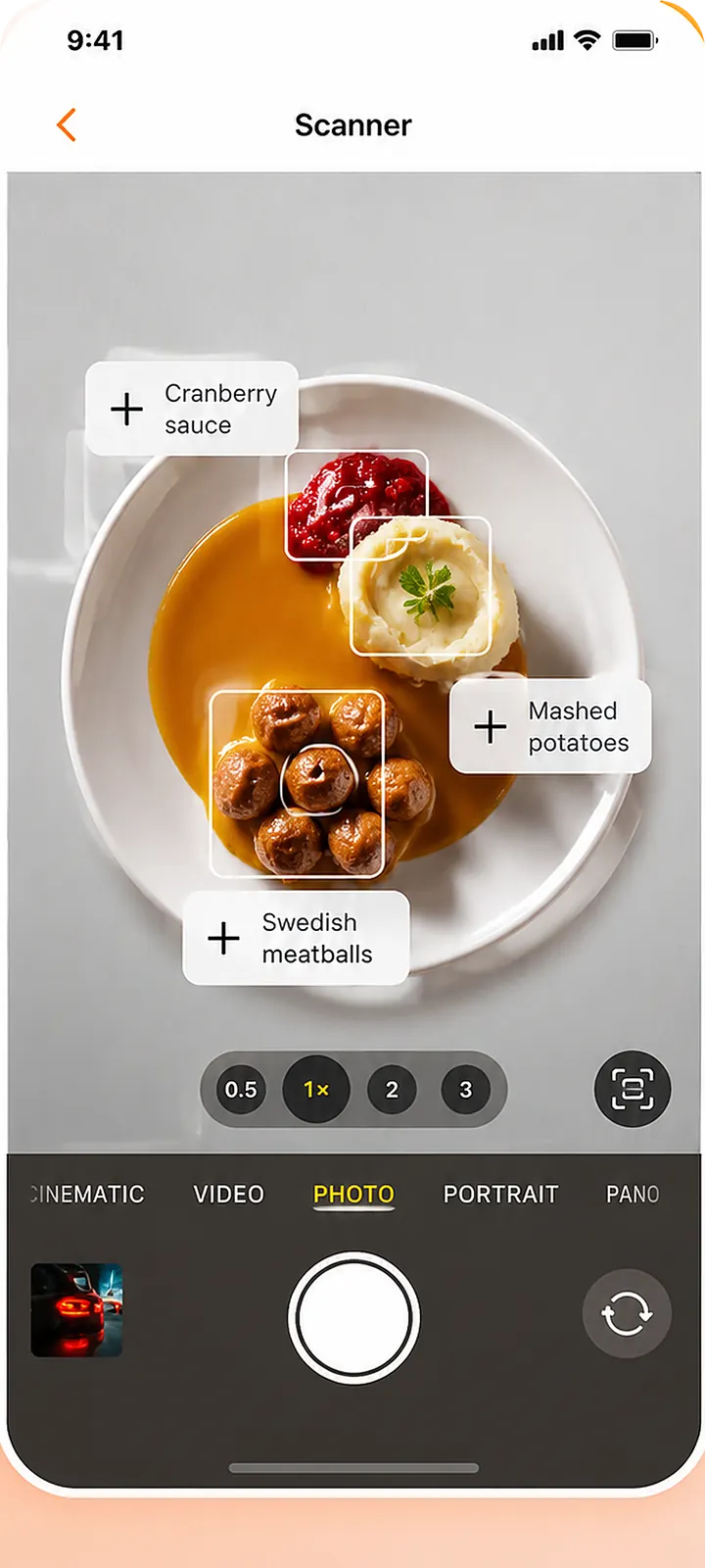 EatBeat scanner recognising a plate of Swedish meatballs, mashed potatoes and cranberry sauce